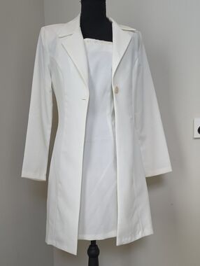 2 Piece Women's White Dress And Single-Button Long Blazer Coat